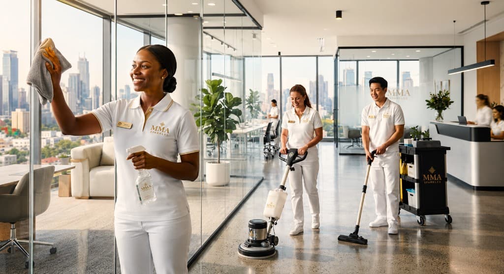 MMA Sparkles cleaning team in white and gold uniforms working in a bright modern glass office overlooking the city skyline