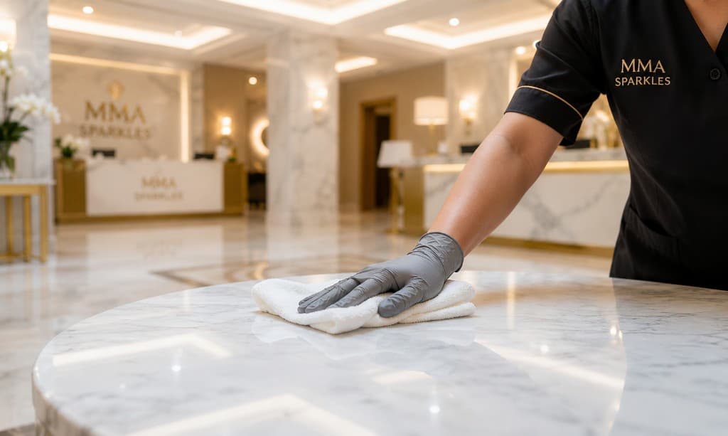 Close-up of an MMA Sparkles professional in a black and gold uniform polishing a white marble surface in a luxury lobby